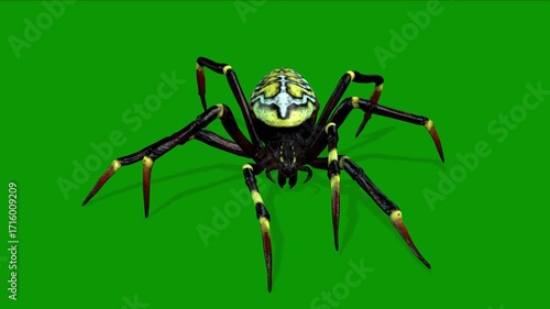 3D Realsitic Spider Walking Front Side-Rendering Animation On Green Screen