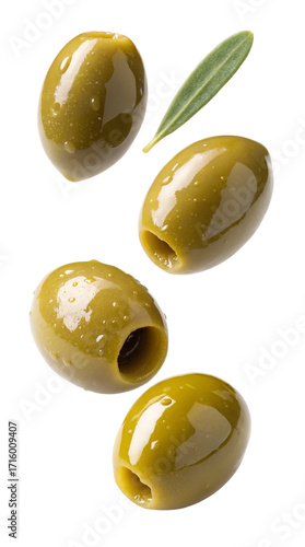 Fresh and juicy green olives isolated on white background with leaf garnish healthy snack option