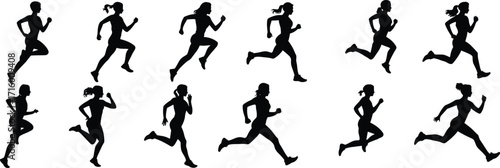 Collection of Female Running Silhouettes, Athletic Women in Motion, Fitness Jogging Poses, Sport Exercise Clipart on White Background Vector