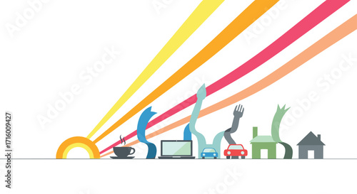 Modern lifestyle concept showing coffee laptop cars and houses under bright rays of light symbolizing comfort connectivity and success, Generative AI.