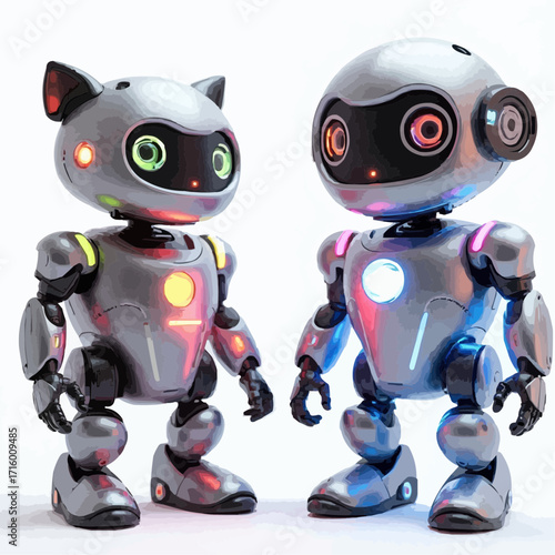 Charming pair of futuristic robotic friends glowing with vibrant lights. A vision of cute artificial intelligence and advanced companionship