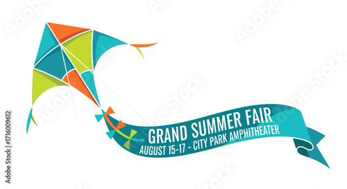 Get ready for the Grand Summer Fair with colorful kite and vibrant design perfect for posters banners or social media announcements, Generative AI.