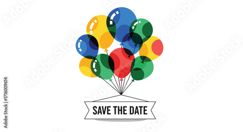Colorful balloons floating above a 'Save the Date' banner perfect for party invites weddings or special events creating anticipation and joy, Generative AI.