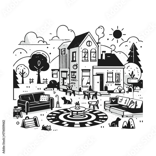 Cozy home scene with cats and outdoor seating area