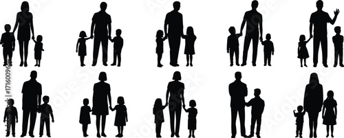Silhouette of Parents with Children, Family Figures, Parenting Concept, Happy Family Moments, Togetherness, Isolated on White Background Vector