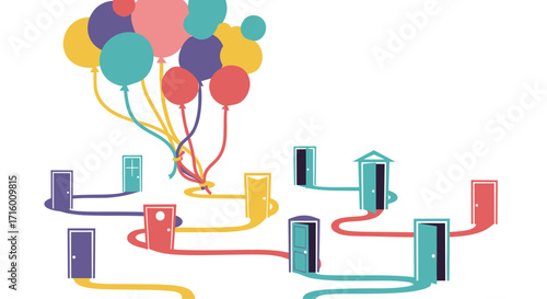Colorful balloons lifting doors representing new opportunities and choices for business growth and success in a vibrant playful way, Generative AI.