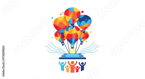 Colorful hot air balloons soaring above cheering crowd perfect for vibrant celebration or uplifting event designs promoting joy and community spirit, Generative AI.