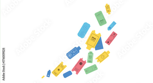 Get your tickets now for exciting events and shows colorful tickets floating on a white background for upcoming concerts and festivals, Generative AI.