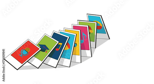 Domino effect of icons shows education music podcasting and learning in fun colorful design for innovative concepts and strategies, Generative AI.