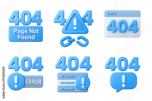 3d blue 404 error messages with icons in various designs and alerts