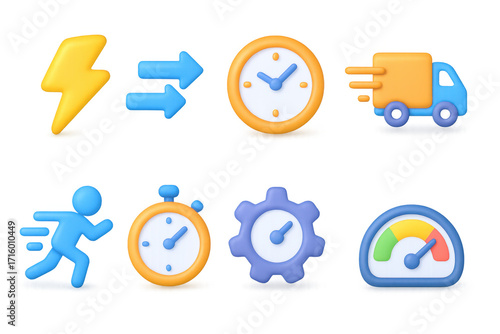 3d fast delivery and speed icons with clock and gear elements