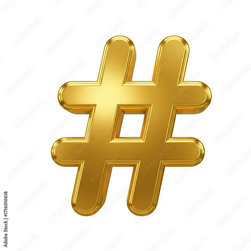 Fototapeta premium Shiny golden hashtag symbol isolated on transparent background