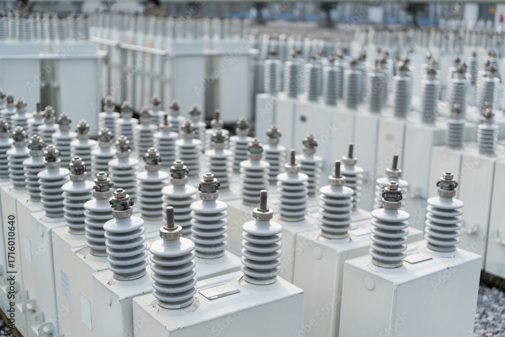 Obraz premium Large installation of capacitor banks with multiple ceramic insulators in electrical substation, used for energy storage, reactive power compensation, and efficient electricity distribution.