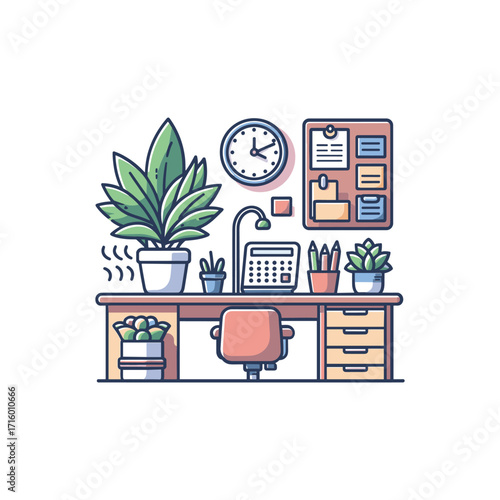 Cozy workspace with plants, clock, and stationery