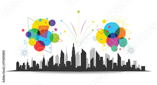 Celebrate city life with vibrant abstract fireworks illuminating the skyline a modern festive cityscape perfect for holiday promotions, Generative AI.