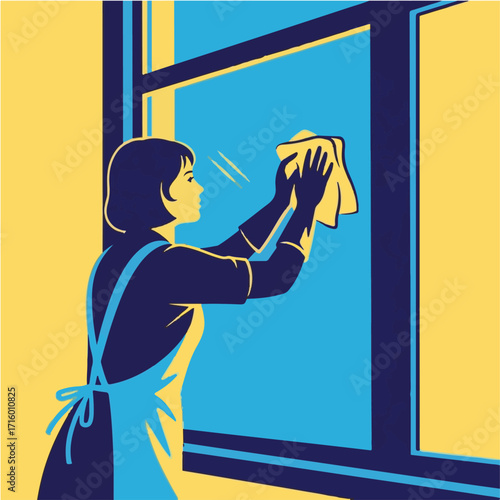 Woman Washing Window Glass with Cloth and Protective Gloves