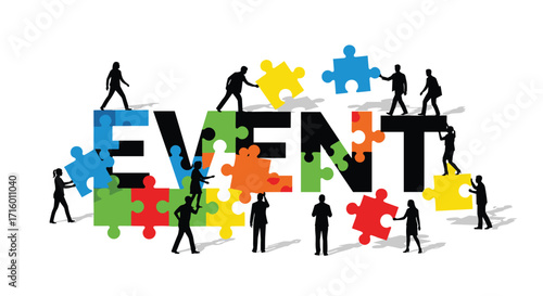 Dynamic event planning concept with diverse team building strategy using colorful puzzle pieces to spell out event representing collaboration, Generative AI.