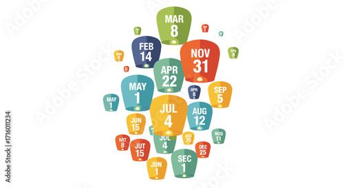 Colorful calendar with important dates like holidays and birthdays marked by flying paper lanterns and reminders of special events, Generative AI.