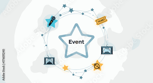 Promote your event with a vibrant graphic featuring a microphone tickets stage and engaging icons for maximum impact, Generative AI.