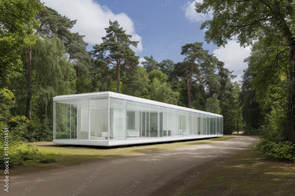 Obraz premium automated production line creates modular homes with transparent walls reflecting modern living