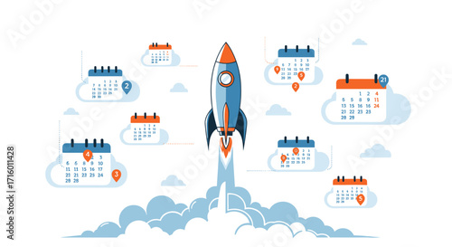Exciting launch dates for project success plan your milestones and timeline using calendars and rocket ship illustration for business growth, Generative AI.