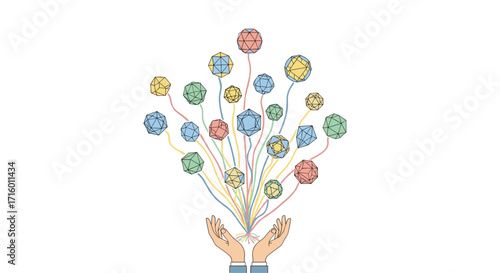 Hands gently holding diverse geometric shapes connected by colorful lines representing innovation creativity and interconnected solutions, Generative AI.