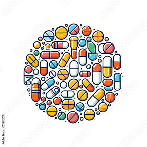 Colorful assortment of pills and capsules in circular layout (1)