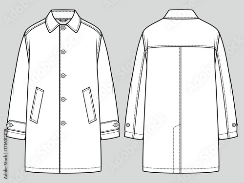 Macintosh trench coat. Men's casual clothing. Vector technical sketch. Mockup template.