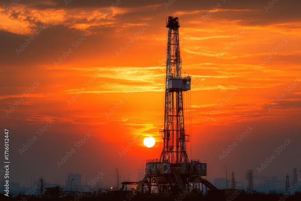 Obraz premium Dramatic Sunset Over Oil and Natural Gas Drilling Rig. Industrial Power Equipment Against a Colorful Sky