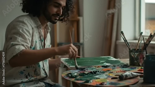Young artist painting on canvas in a bright studio, surrounded by colorful palettes and brushes
