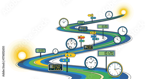 Colorful timeline road with clocks and signs pointing to different times perfect for project management or business strategy concepts, Generative AI.