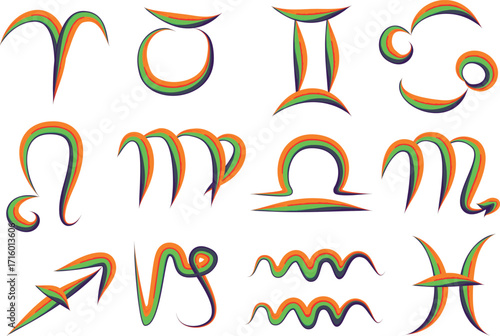 orange green blue striped colors abstract hand drawn zodiac signs