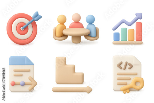 3d business icons set: target, meeting, analytics, and documents