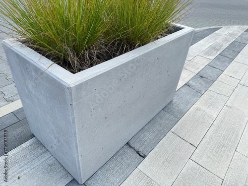 Modern concrete planter with clean lines and minimal design. Contemporary outdoor decoration for gardens, terraces, or patios.