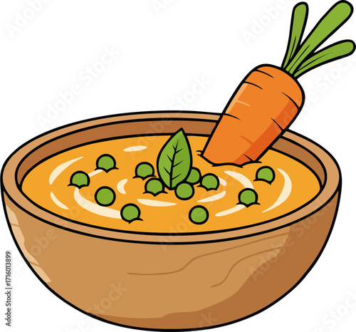 Cartoon Vector of Creamy Carrot Pea Soup in Wooden Bowl with Whole Carrot and Leaf Garnish for Healthy Vegan Food Design