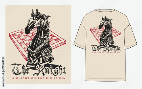 stylish streetwear graphic. hand-drawn illustration of a skeletal chess knight. perfect for t-shirts, hoodies, posters, or apparel prints. Ideal for chess enthusiasts, gamers, street fashion lovers.