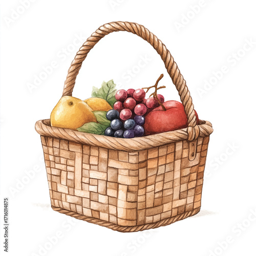 Basket of fresh fruits with handle perfect for picnic or market.