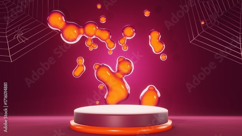 Horizontal 3D Halloween minimalistic podium sale mockup advertisement poster backgrounds glowing sparse bubbles sphere spooky spider web render picture banner flags party festival cartoon nightmare