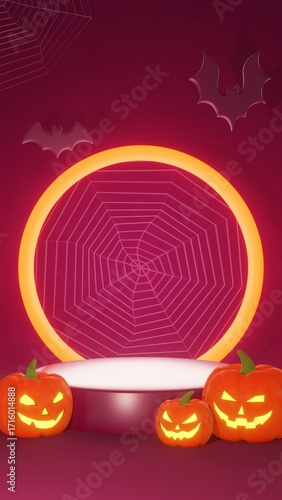 Vertical 3D Halloween podium mockup advertisement backgrounds carved pumpkins Jack O’Lantern glowing light flicker spooky bats fly spider web render picture banner party sale festival cartoon poster