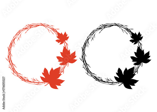 Logo con silueta de hojas de arce en corona circular de ramas de árbol para tarjetas y felicitaciones del Día de Acción de Gracias