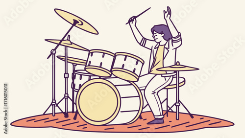 Illustration of a drummer playing drums on stage with drum set and drumsticks art