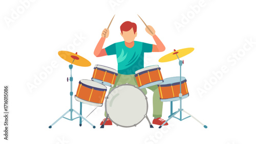 Cartoon drummer playing drums set music instrument band rhythm beat percussionist art
