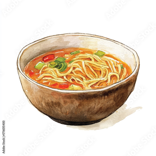 Bowl of delicious noodles in a rich broth with a sprinkle of green onions and a hint of tomato.