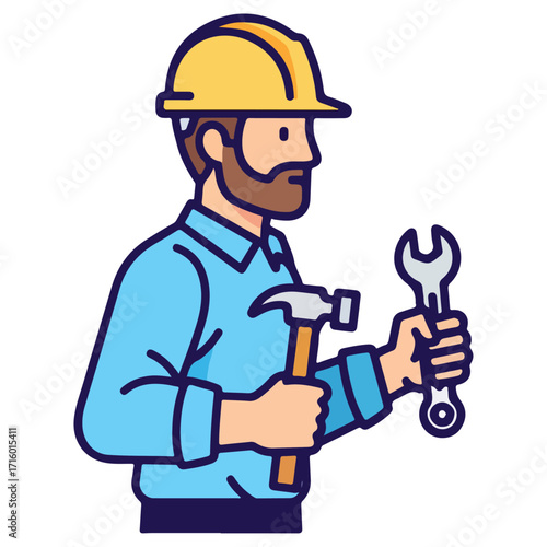 Construction worker holding hammer and wrench ready for work.