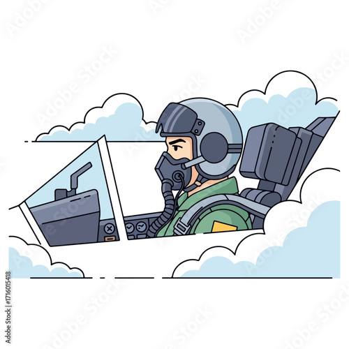 Pilot in cockpit ready for flight mission in sky.