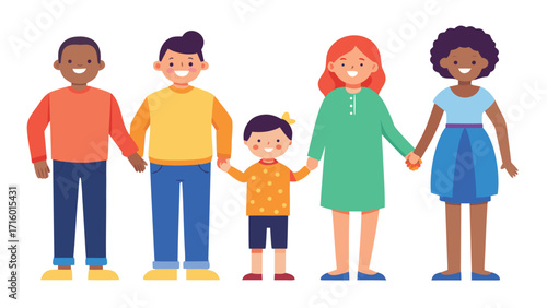 Happy Diverse Family Holding Hands Colorful Cat Illustration