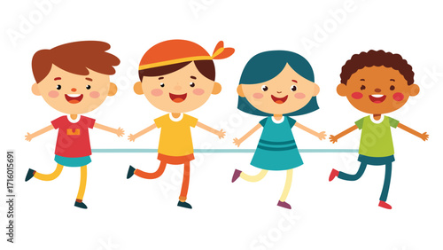 Happy Children Skipping with a Dog Illustration