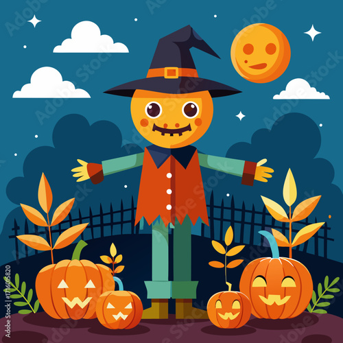Cute halloween scarecrow and pumpkins under a full moon