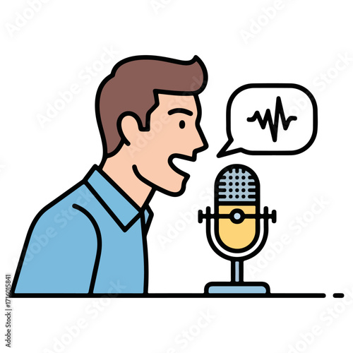 Man speaking into microphone recording audio podcast.