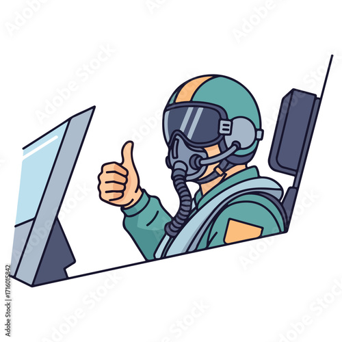 Pilot in cockpit giving thumbs up gesture.